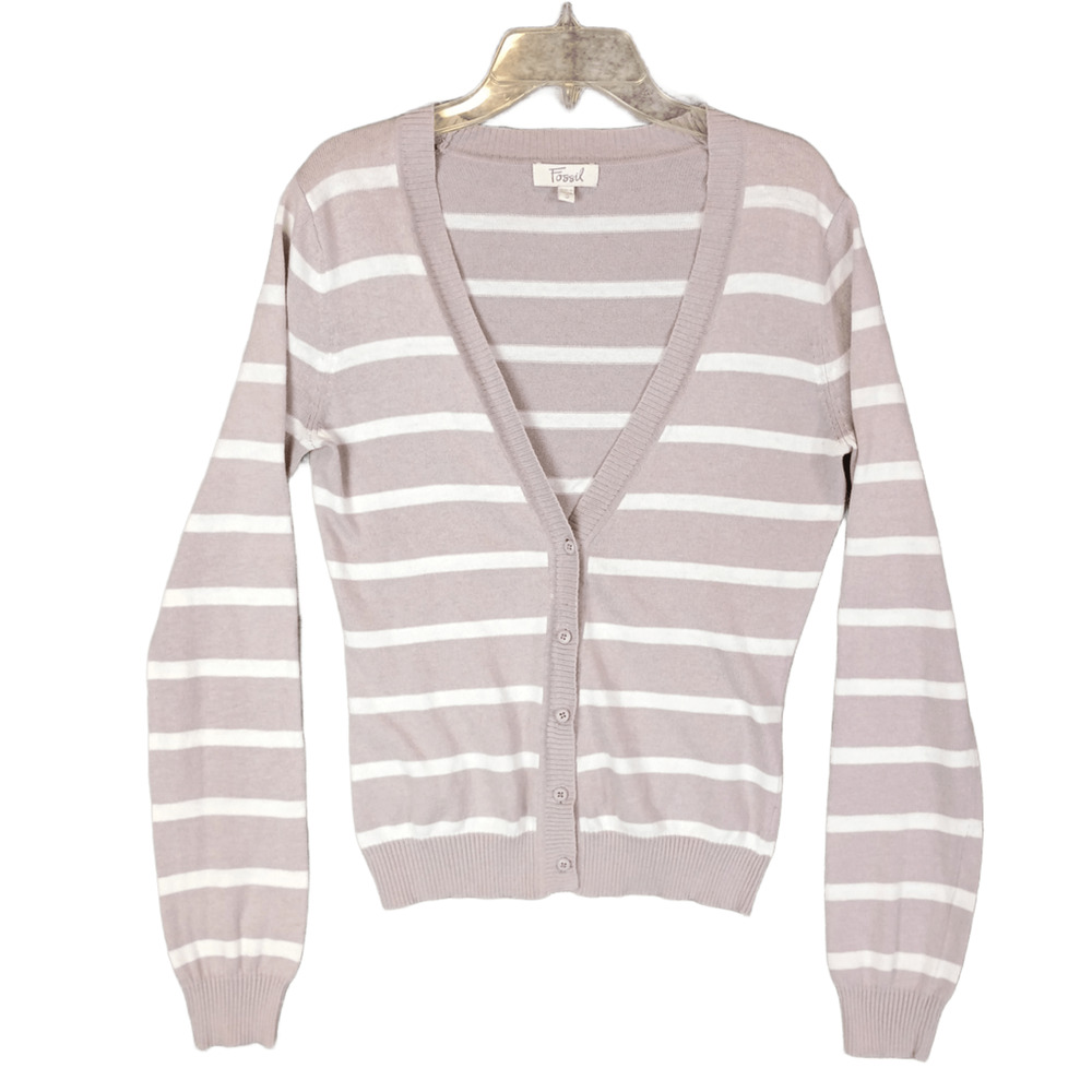 Fossil Womens S Striped Button-Front V-Neck Cashmere Knit Sweater Lightweight